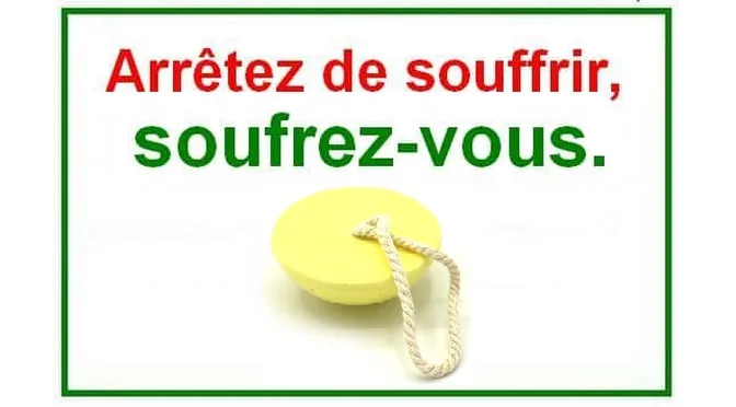 Chimie Naturelle - illustration slogan arrêtez de souffrir, soufrez vous avec la pierre de soufre de massage