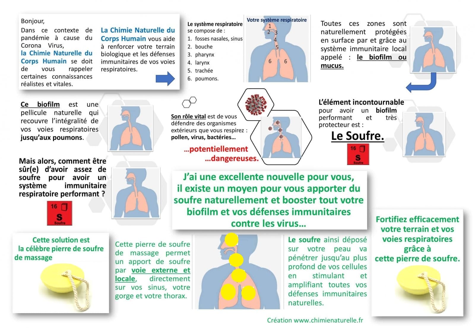 Chimie Naturelle - Poster soufre contre CoronaVirus et Covid19 (renforcement défenses immunitaires des muqueuses respiratoires)