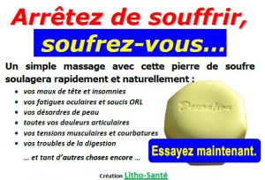 Galet de soufre de massage de la marque "Le Deucalion" ou pierre de soufre de massage de la marque "Le Deucalion".