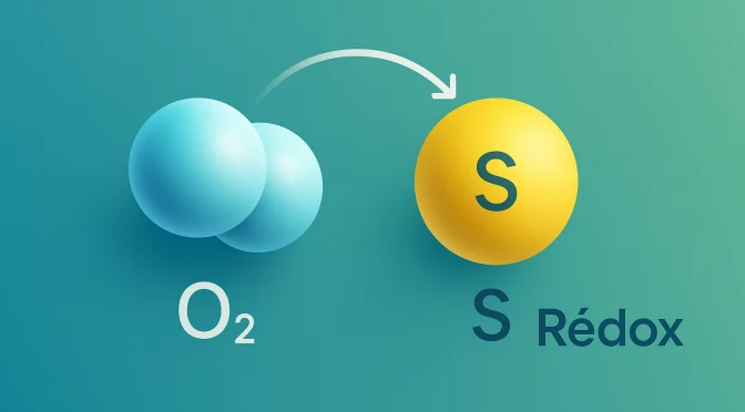 Réaction d’oxydo-réduction entre oxygène et soufre illustrée par un transfert d’électrons symbolisé par une flèche