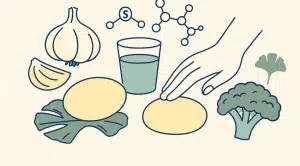 Illustration soufre en naturopathie : ail, brocoli, pierre de soufre, molécules