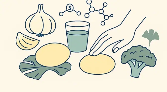 Illustration soufre en naturopathie : ail, brocoli, pierre de soufre, molécules