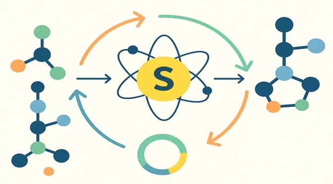 Illustration moléculaire du cycle du soufre en biochimie, montrant un enchaînement métabolique de la méthylation au glutathion et à l’équilibre redox