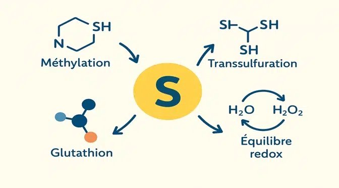 Illustration scientifique du cycle du soufre en biochimie, reliant méthylation, transsulfuration, glutathion et équilibre redox
