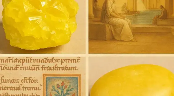 Chimie Naturelle - illustration l’histoire et usages du soufre à travers les âges et des civilisations, jusqu'à la pierre de soufre de massage