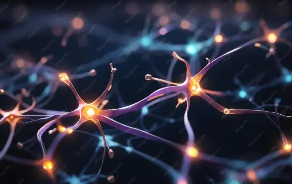 Illustration abstraite du système nerveux montrant des neurones connectés et des flux ioniques, liée aux effets du protoxyde d’azote