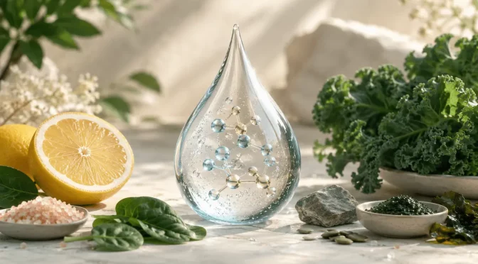 Goutte de verre contenant une molécule stylisée entourée de citron, sel rose et légumes verts, illustrant la relation entre acidité, alcalinité et métabolisme dans la chimie naturelle.